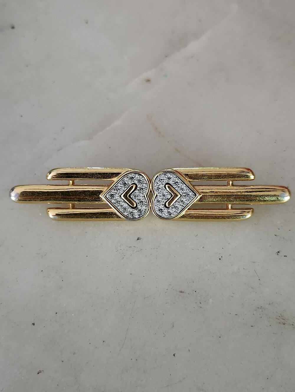 Vtg Monet Gold-Tone Double Heart Bar Brooch with Silver Crystal Centers